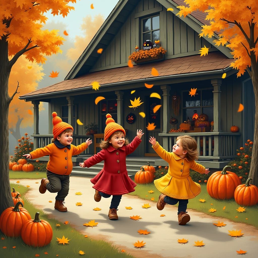 Children's Autumn Joy in Folk Art Style