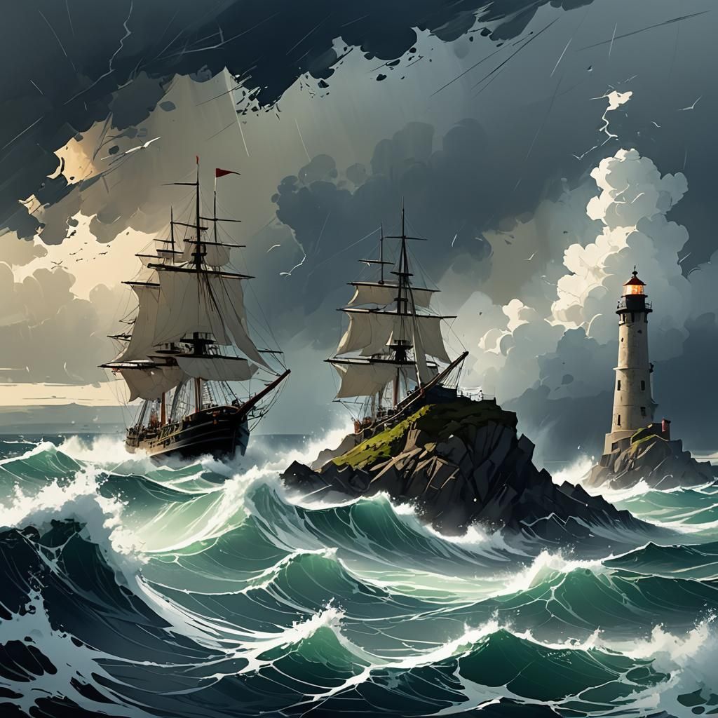 Sailing Ship in Stormy Seas, Animated Style