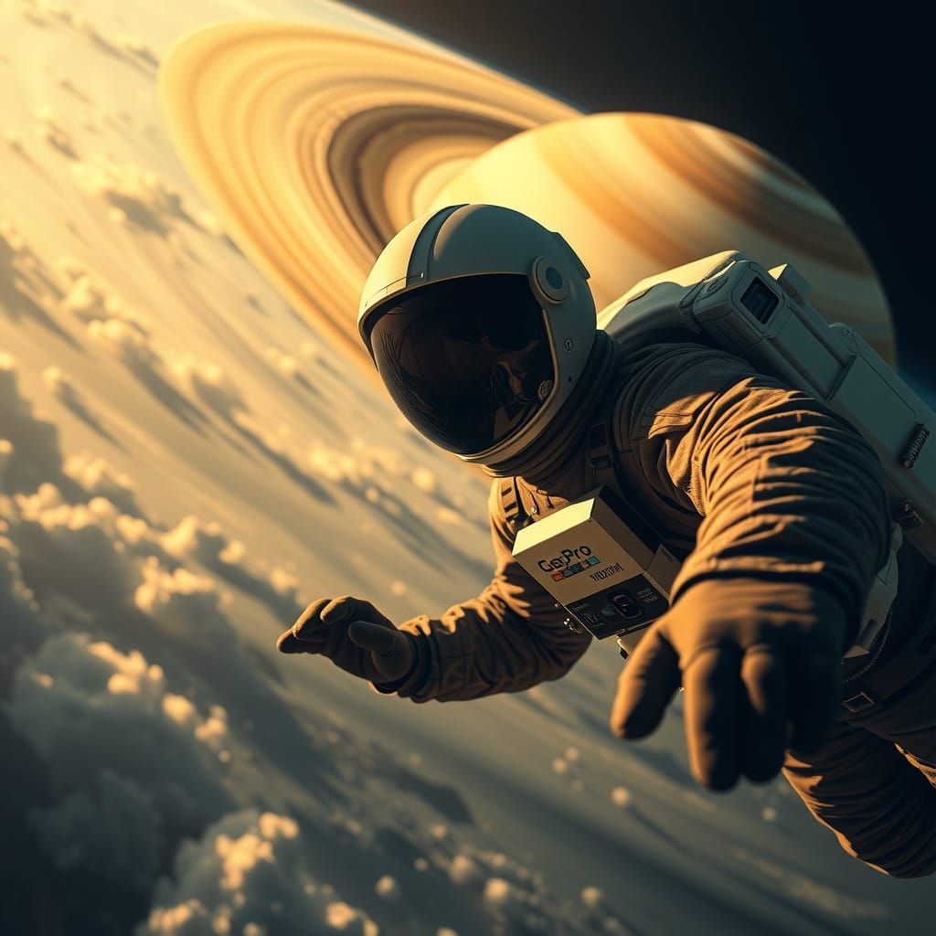 Sleek Astronaut Plummets Towards Saturn in Cinematic Film St...