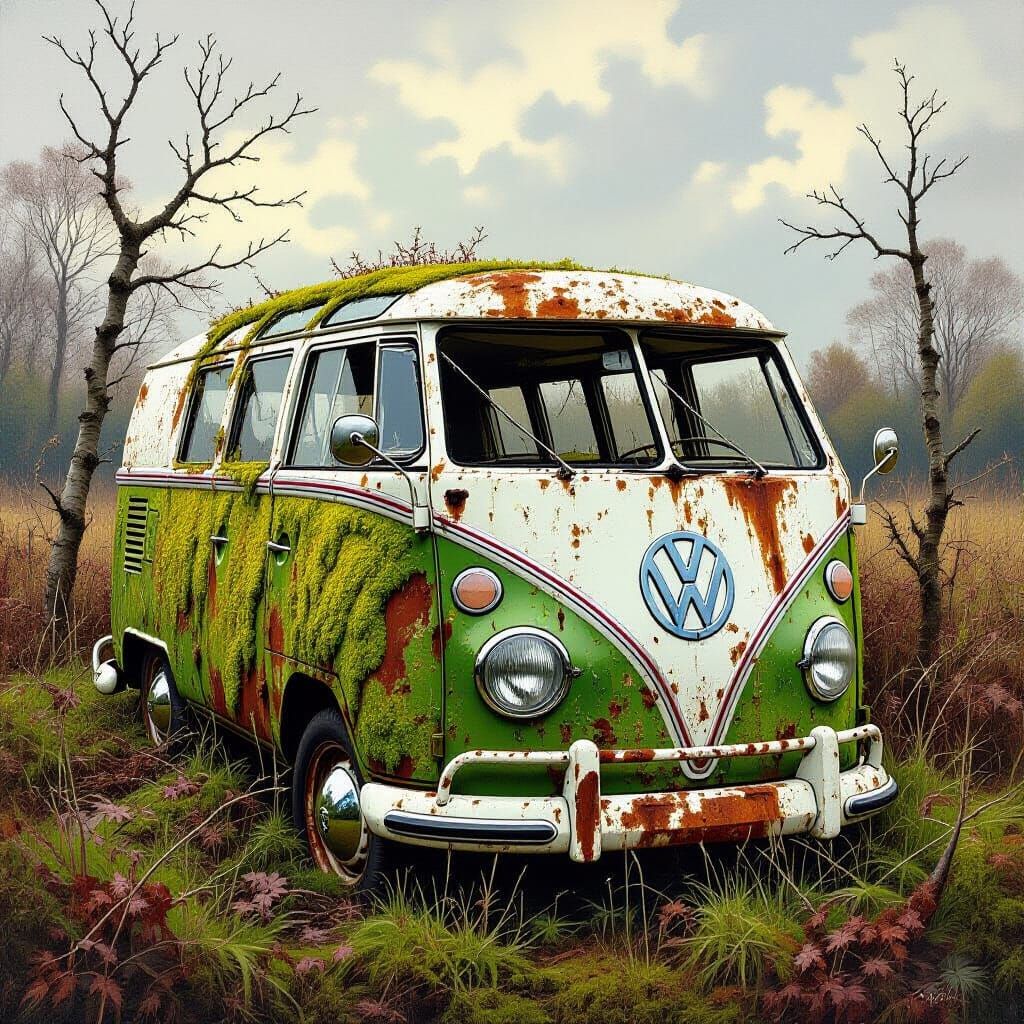 Moss-Covered 1974 VW T2 Van in Overgrown Field