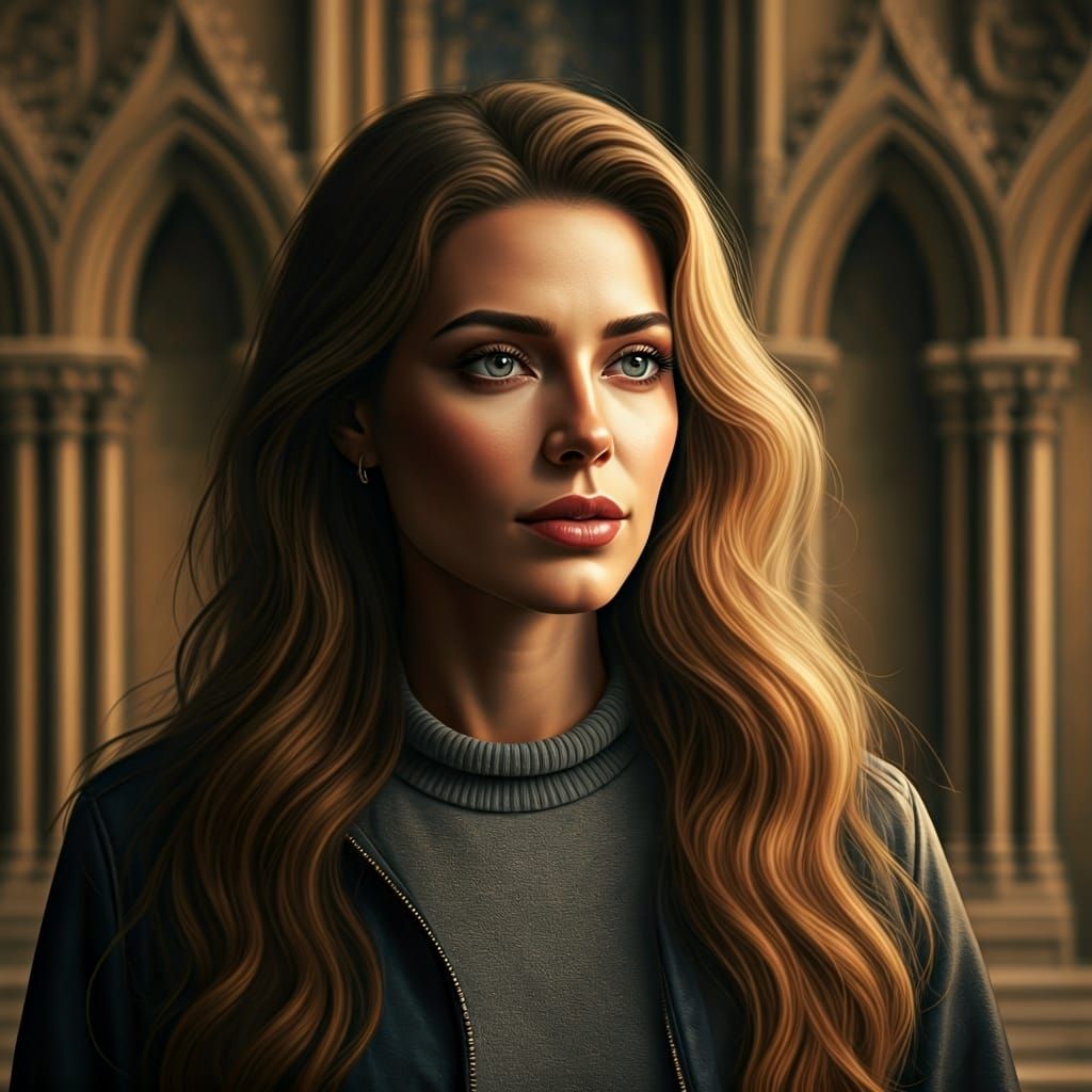 Woman by Fountain with Bear Statue