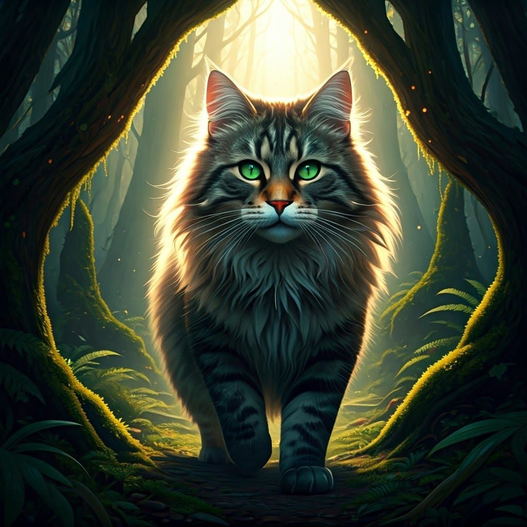 Norwegian Forest Cat in Emerald Forest, Digital Art