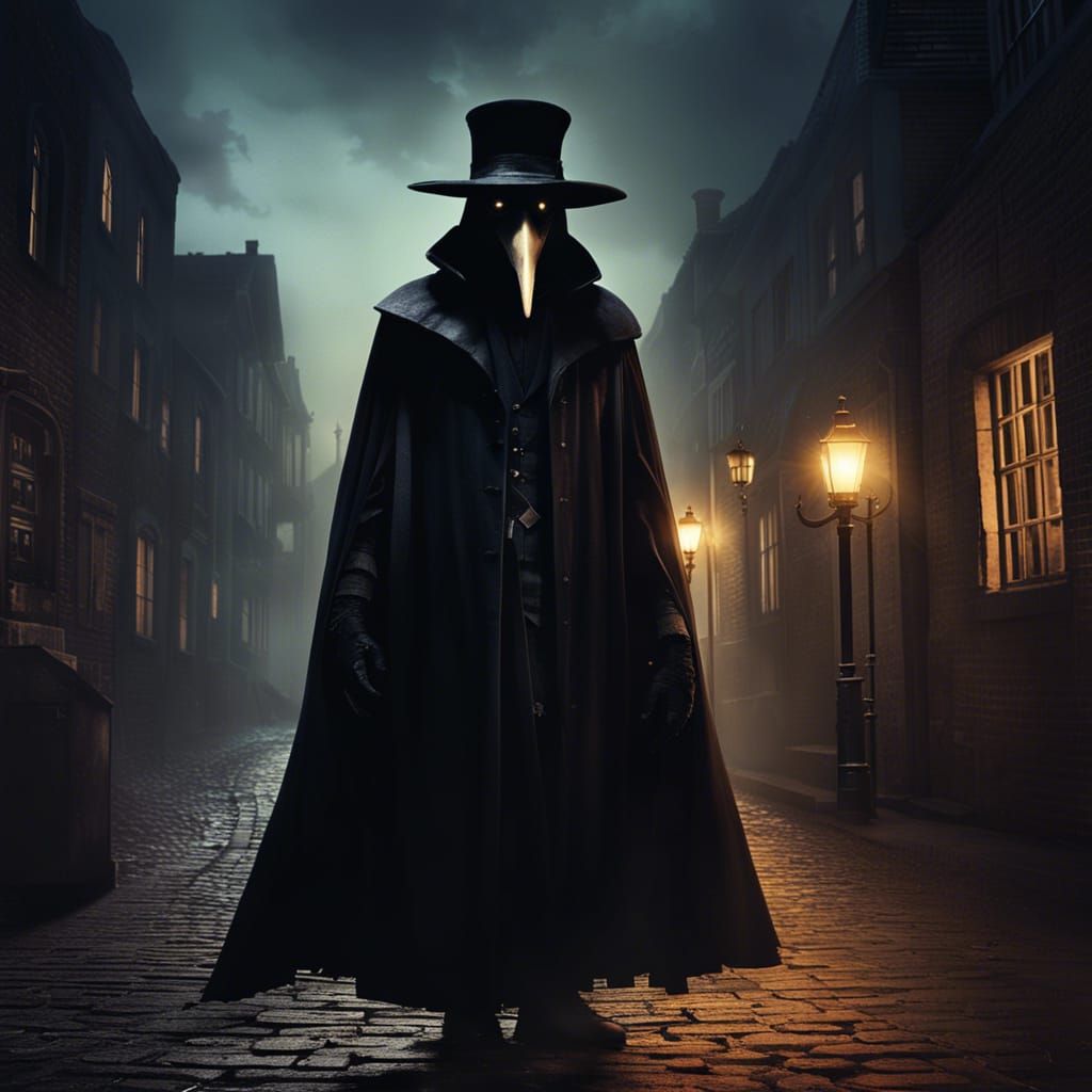 Ominous Plague Doctor in Foggy Street
