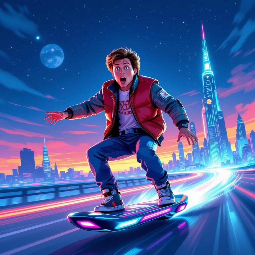 Surprised Marty McFly Rides Futuristic Skateboard