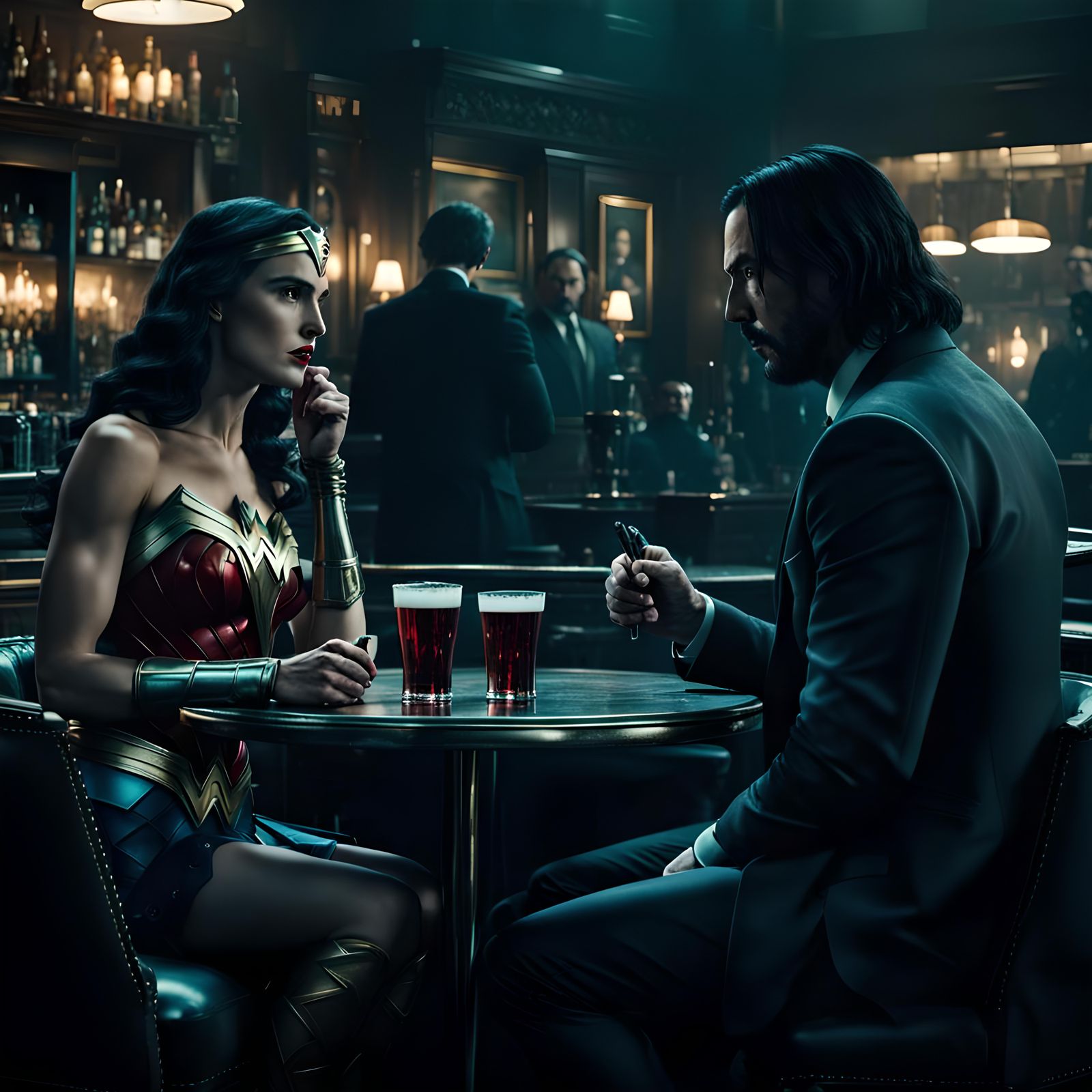 Wonder Woman and John Wick in Noir Bar
