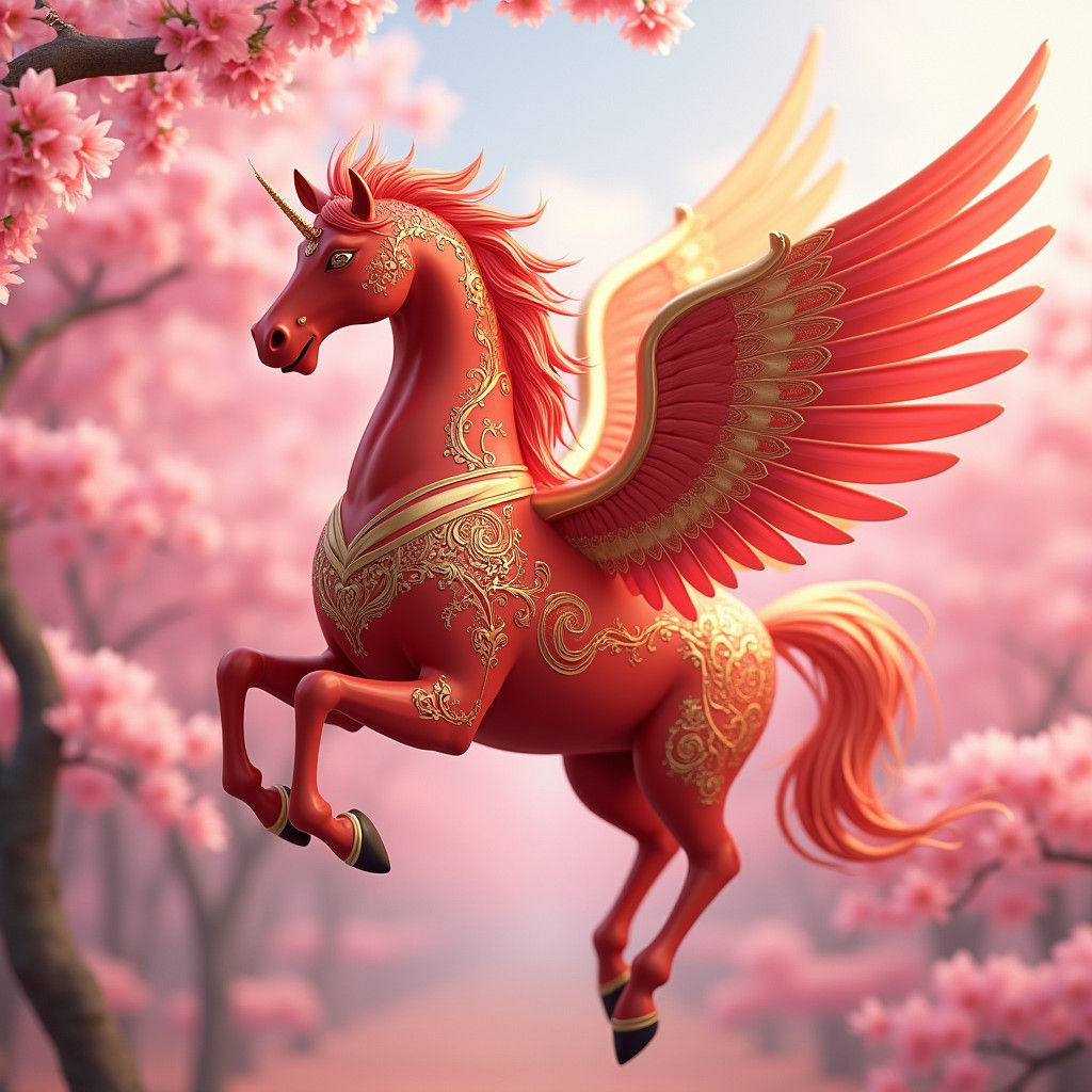 Majestic Red Pegasus with Golden Engravings in Anime Style