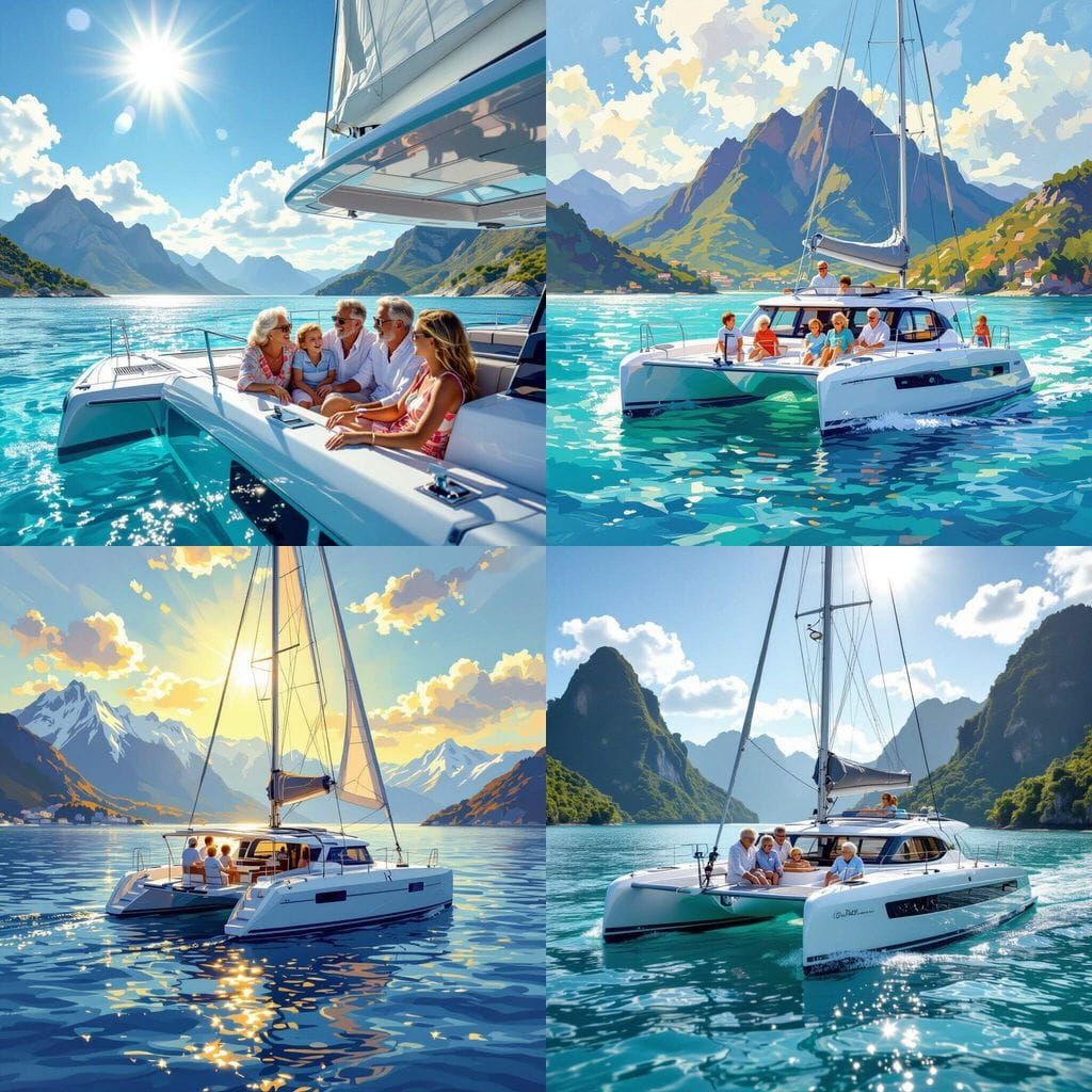 Joyful Family Sailing on a Catamaran Yacht