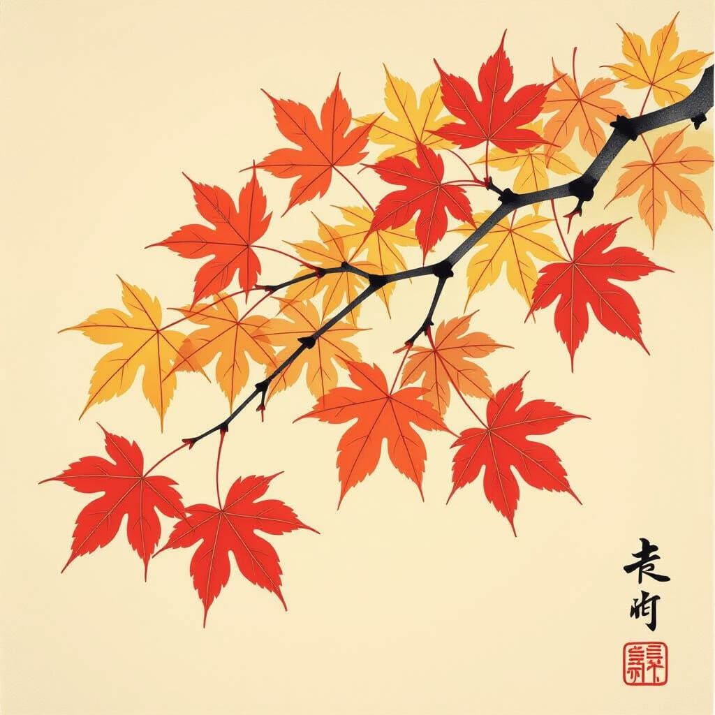 Nihonga Style Autumn Maple Branch With Vibrant Leaves