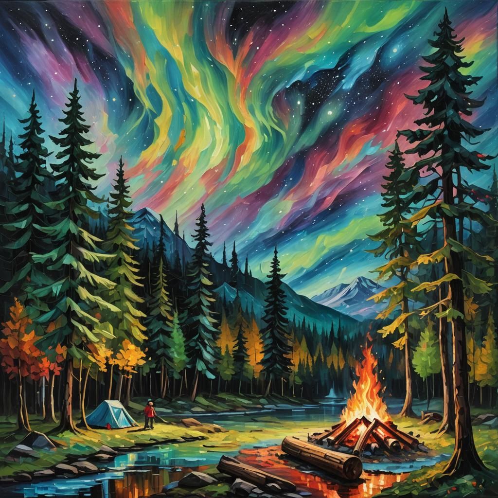 Aurora Lights Over Forest: Impasto Painting