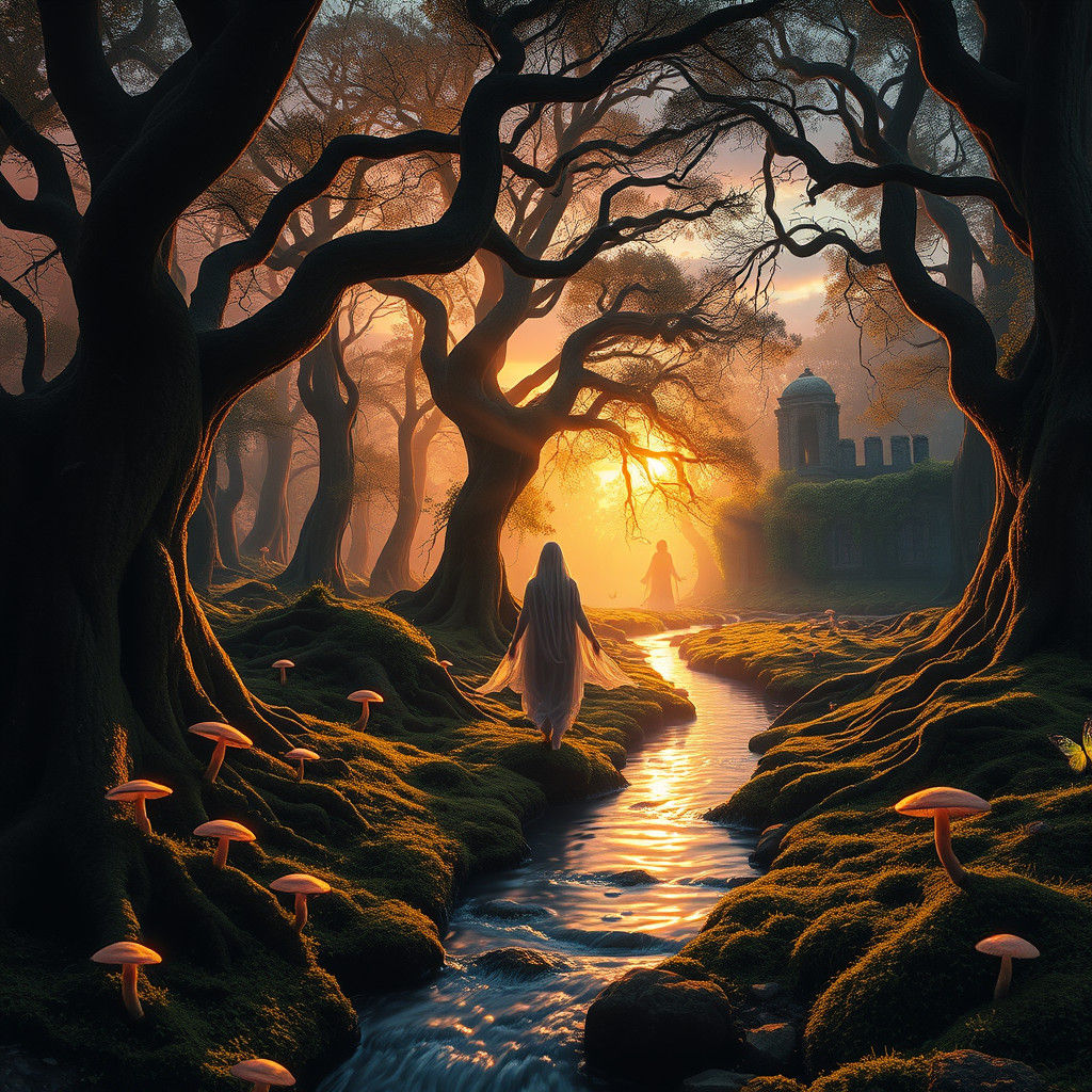 Mystical Forest Sunset with Ethereal Figure