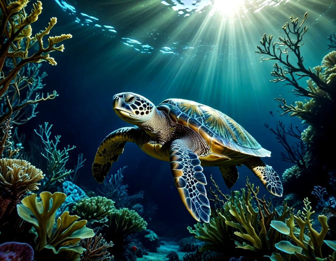 Sea Turtle in Kelp Forest: Hyper-Detailed Masterpiece
