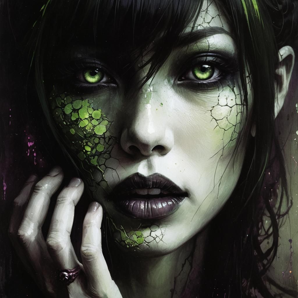 Beksinski-Inspired Geisha Portrait with Eerie Smile