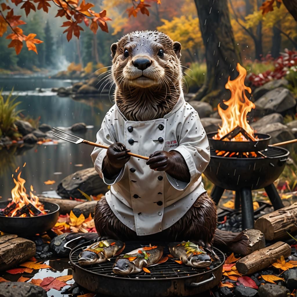 Cute adorable Otter, white chef clothe, grilling fish in a b...