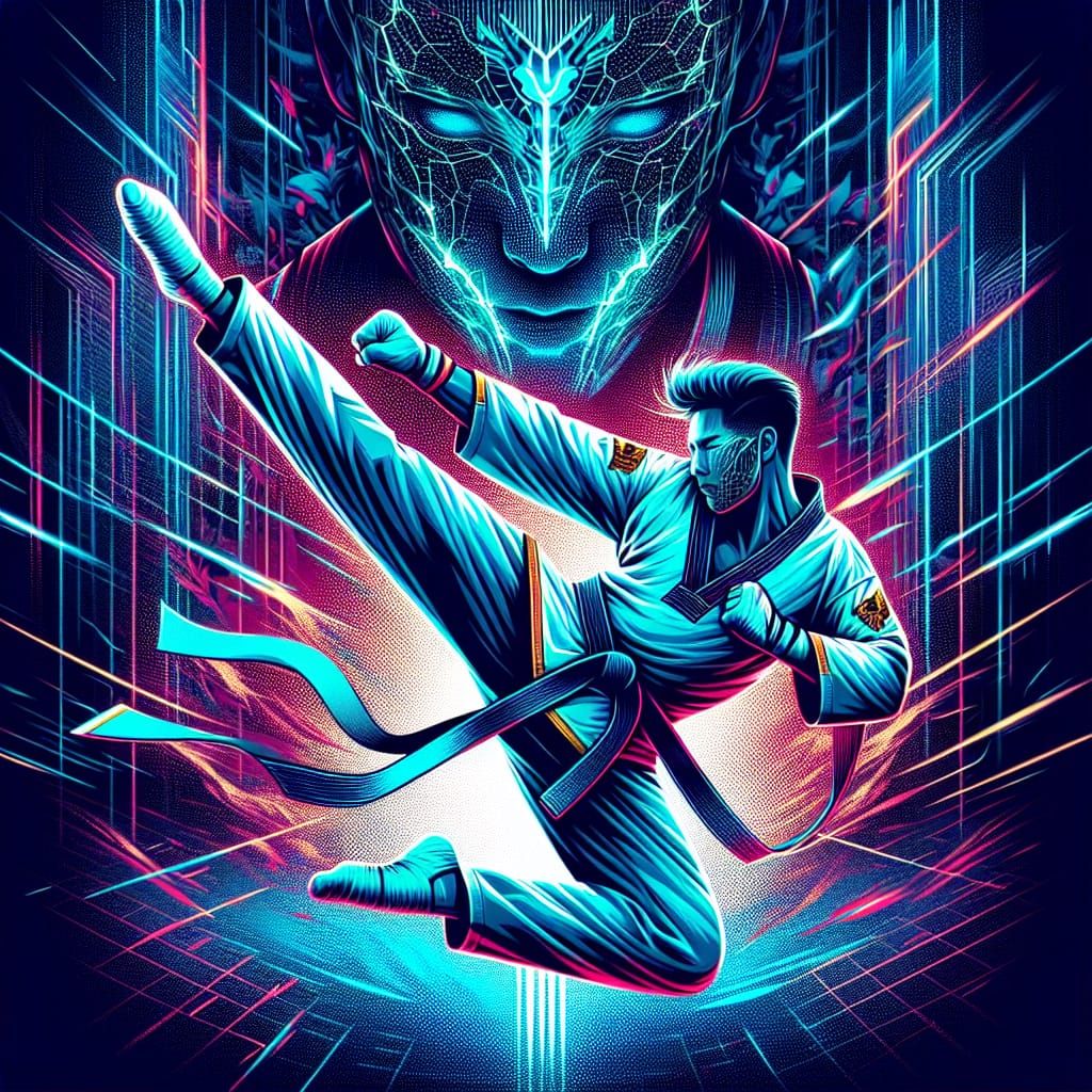 South Asian Taekwondo Fighter in Neon K-Pop Style