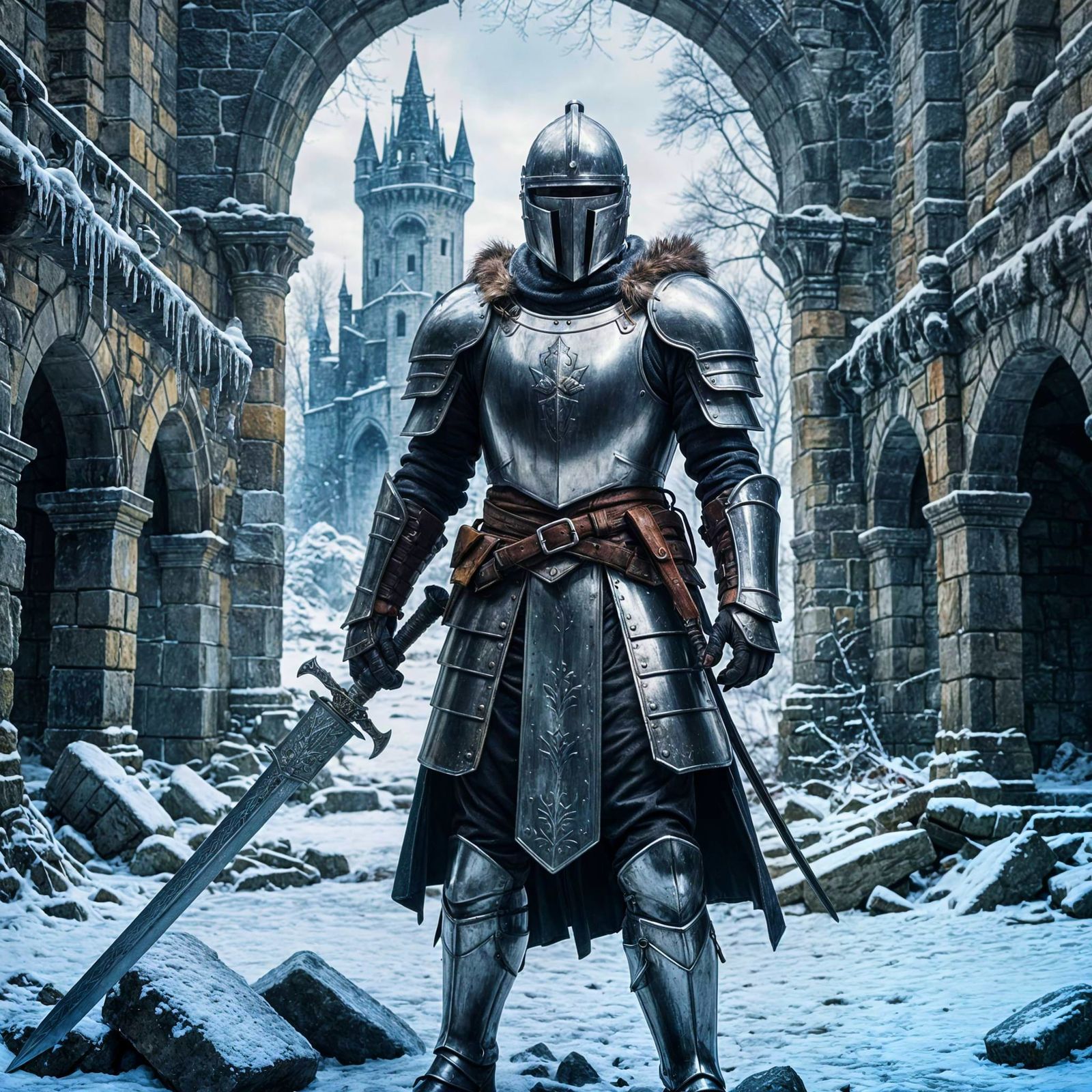 Knight with Sword in Frozen Ruins