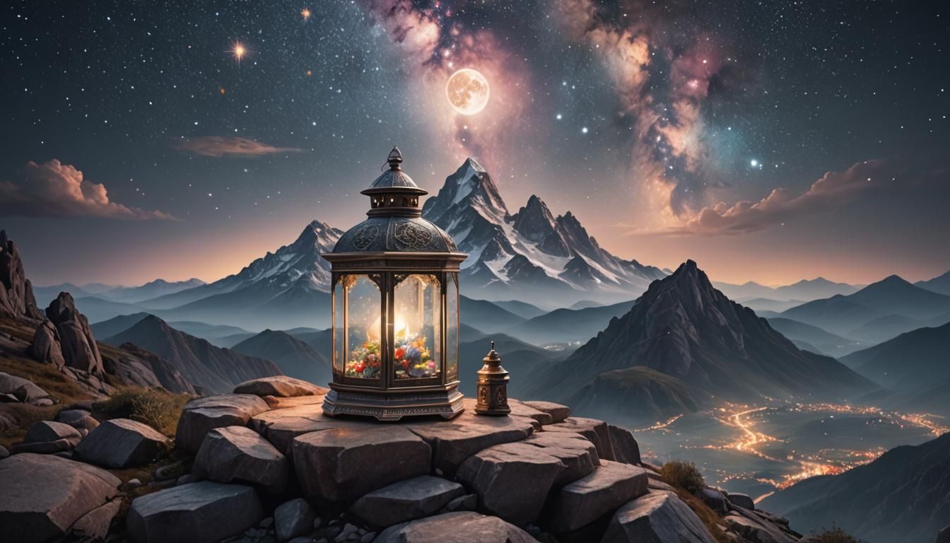 Nebula Cosmos in Glass Lantern on Mountain Altar