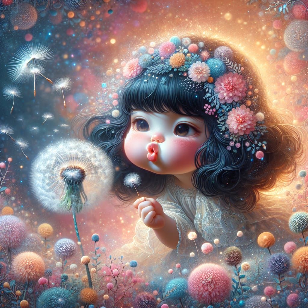 Whimsical Fairy Girl Blowing Dandelion Seeds: Digital Art