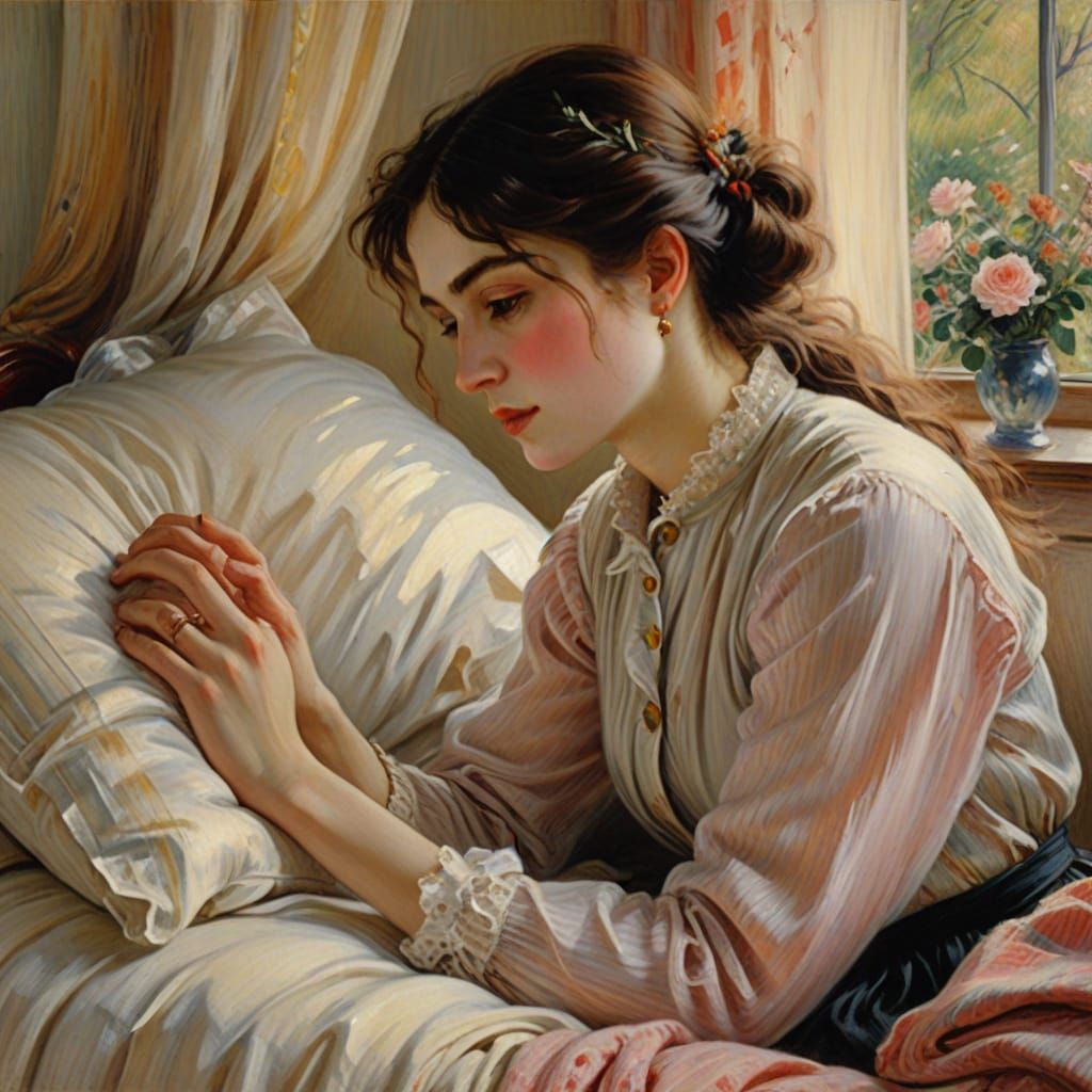 Soft Morning Light on a Young Woman's Face in French Impress...