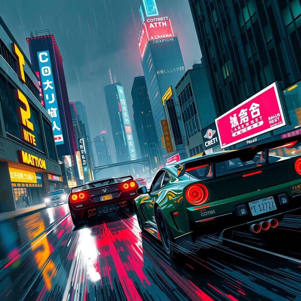 Cyberpunk Street Racers Speed Through a Rainy Cityscape