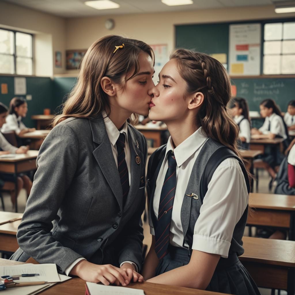Lesbian Schoolgirls Kissing: Hyperrealistic Cinematic Classr...