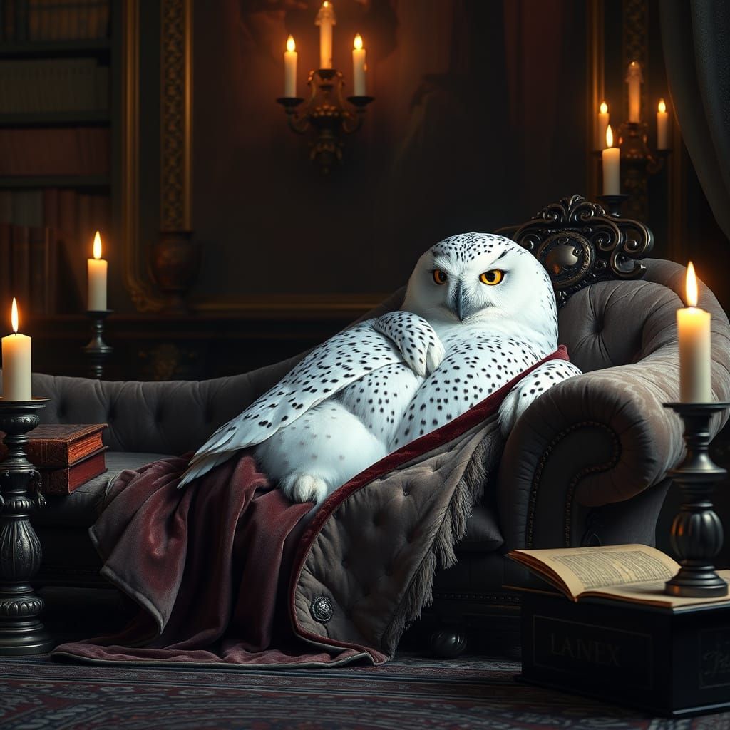 Snow Owl in Velvet Robe in Grand Library