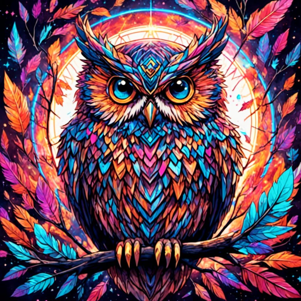Colorful Owl on Branch: Fantasy Art Image