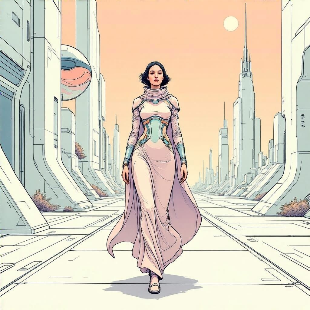 Ethereal Futuristic Woman Strolls Through Pastel-Hued Citysc...