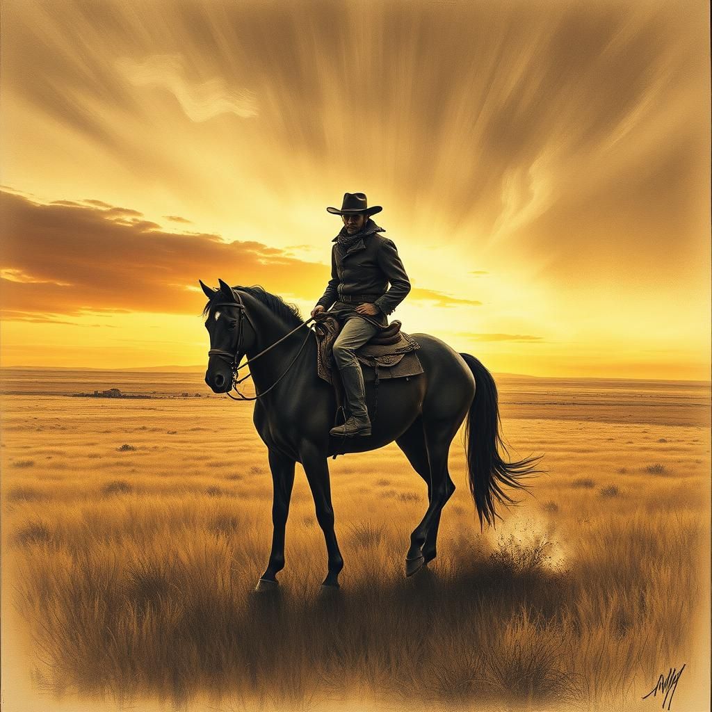 Dramatic Lone Rider on Prairie at Sunset