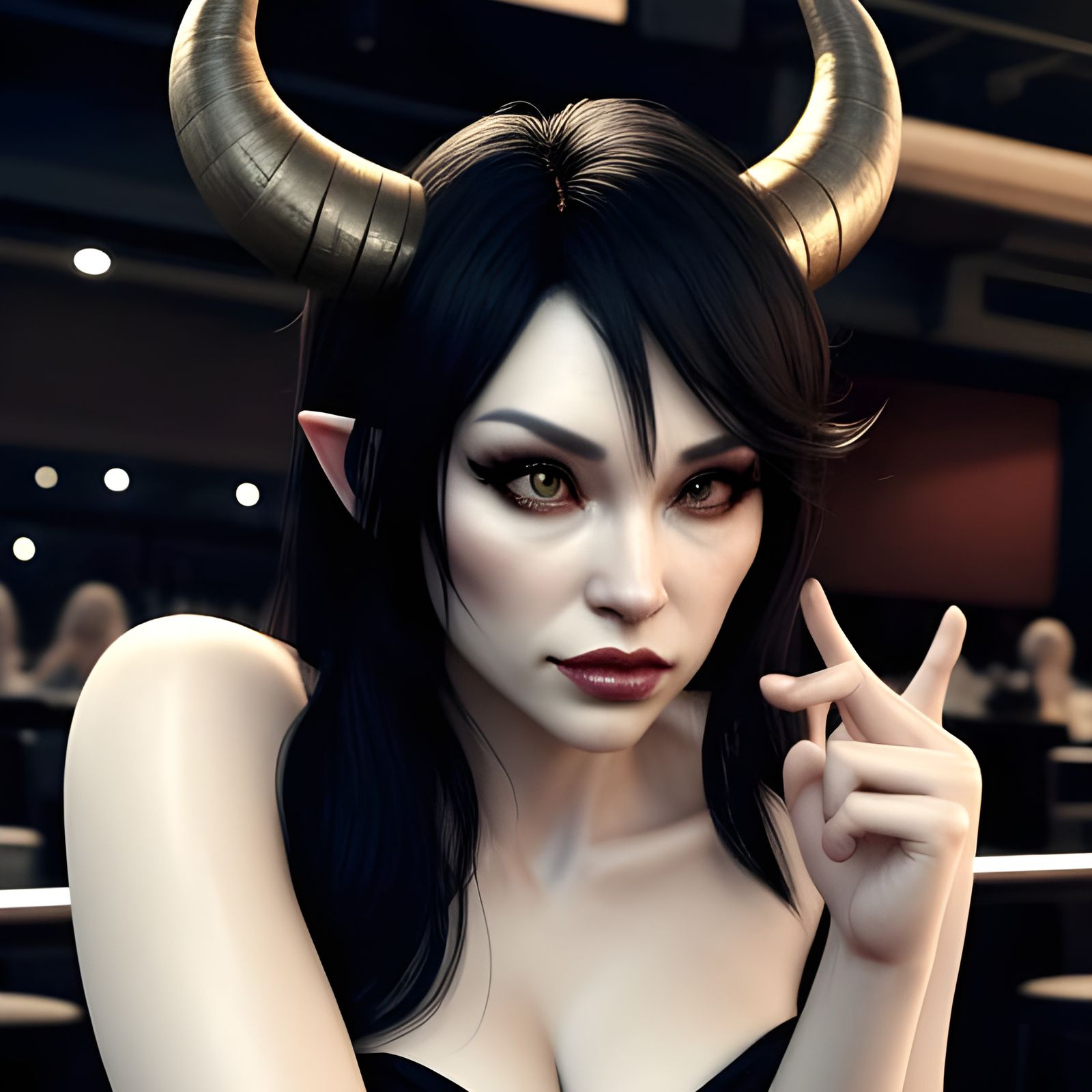 Flirtatious Woman Gives Horns Gesture in Bar