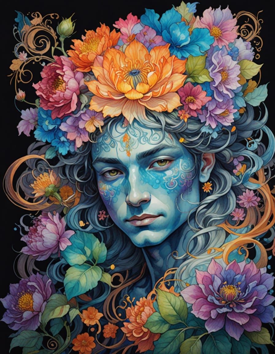 Magical Flower Humanoid in Watercolor and Ink