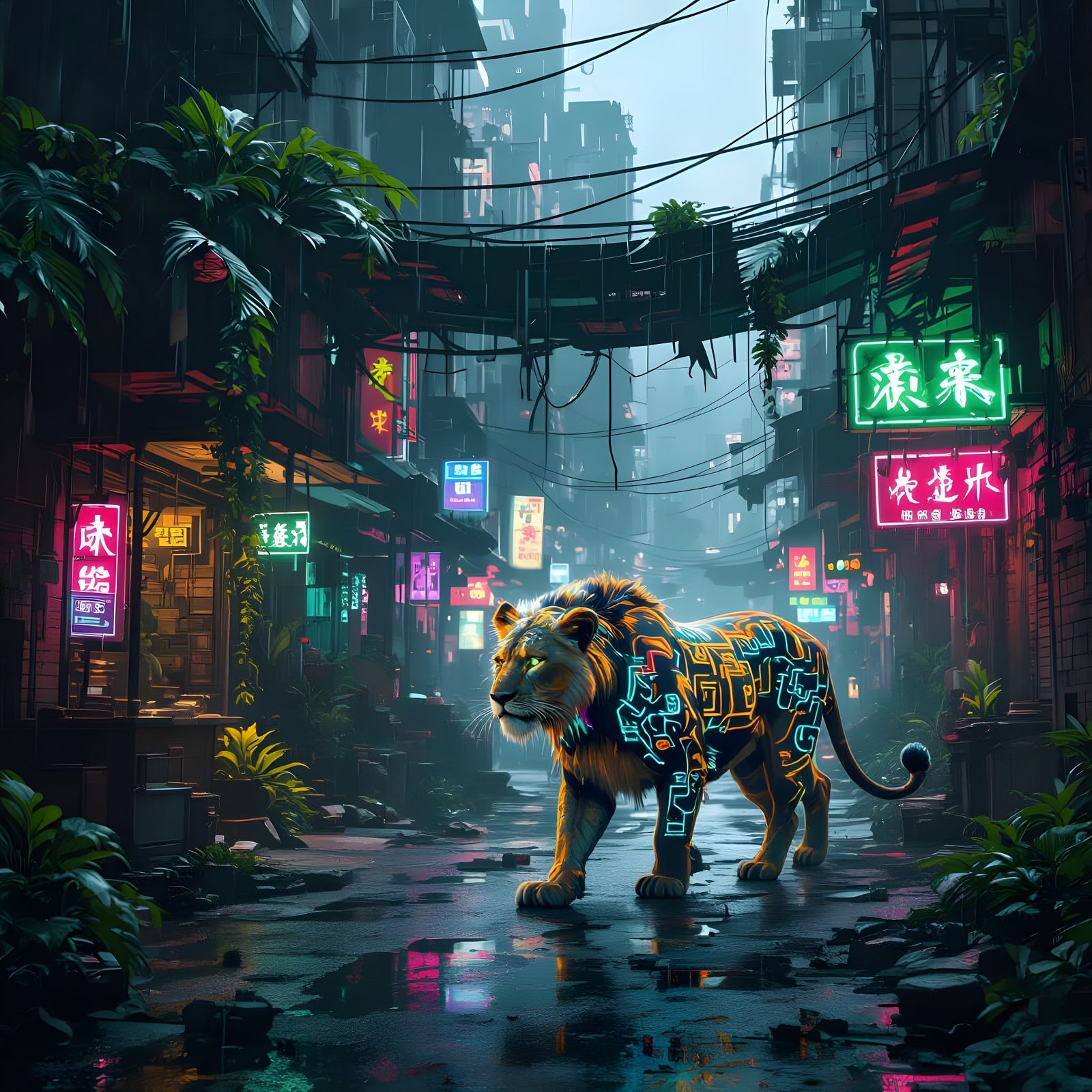 Lioness with Techno-Runes in Dystopian Neon City