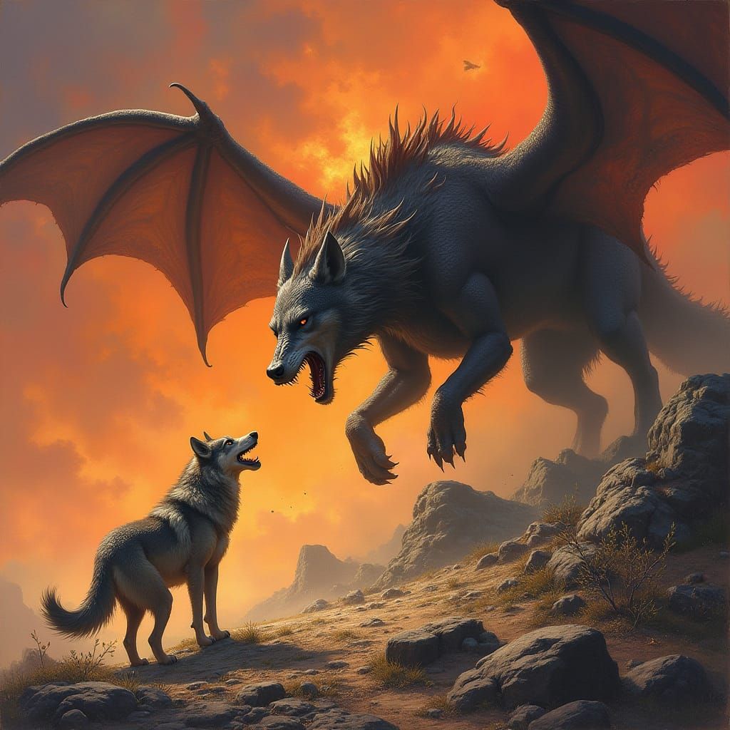 Wolf and Dragon Battle in Fiery Landscape