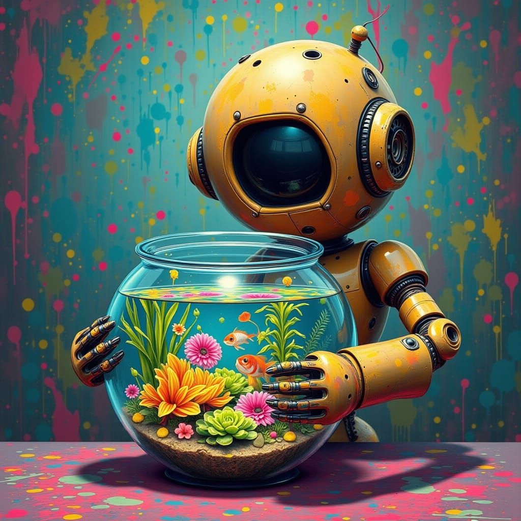 Cute Robot Holding a Fishbowl