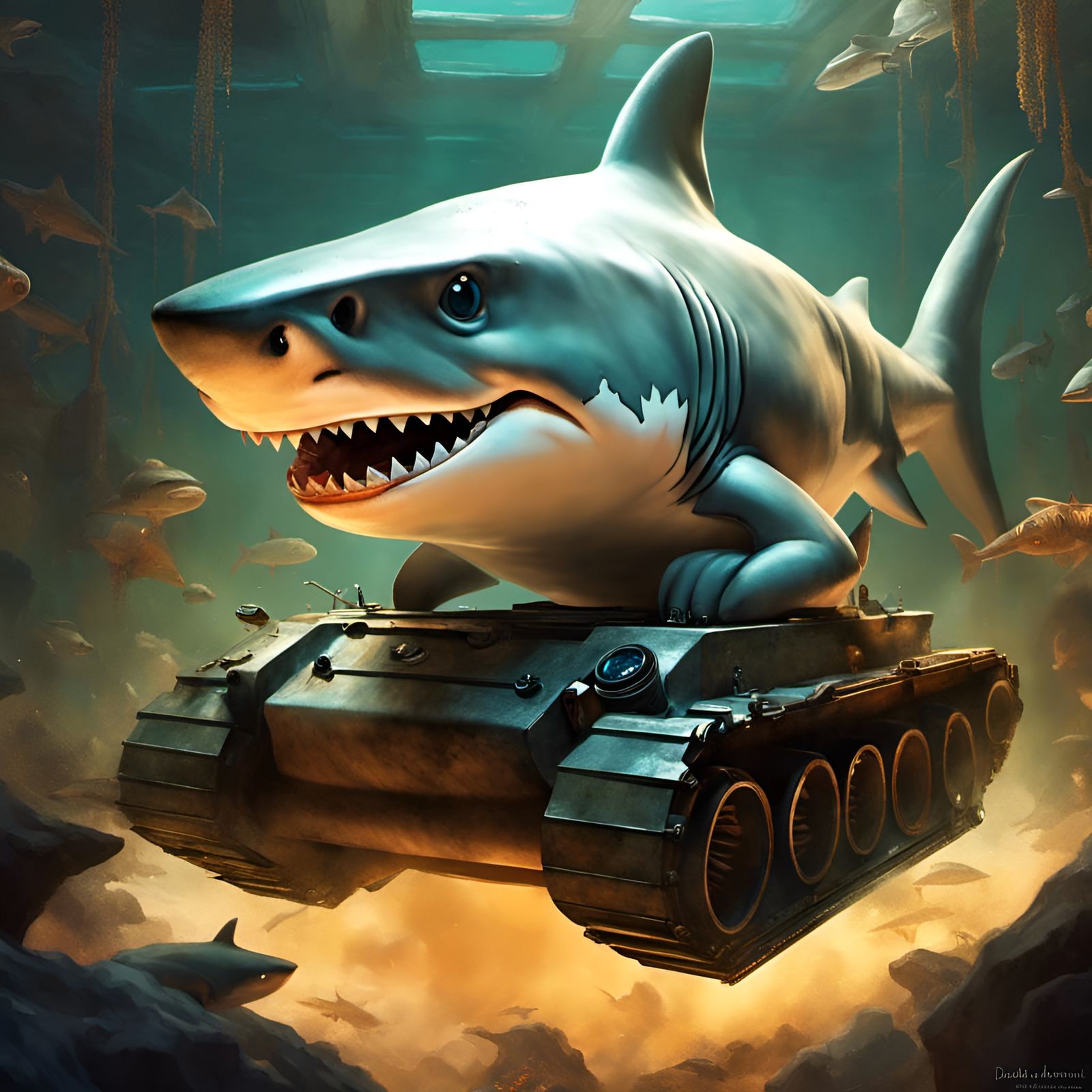 Chibi Shark Driving Tank, Detailed 3D Rendering