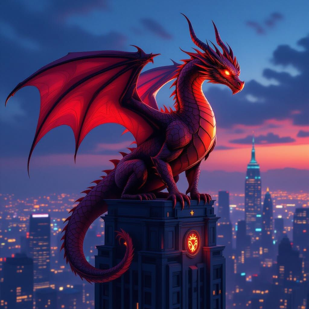Modern Red Dragon Over Neon Cityscape