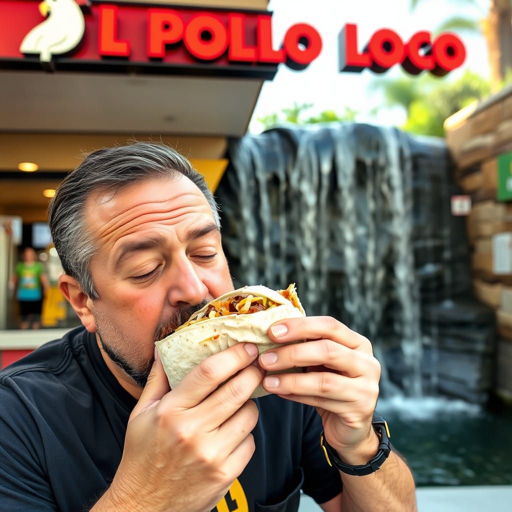 Man Eating Burrito in Los Angeles with Waterfall