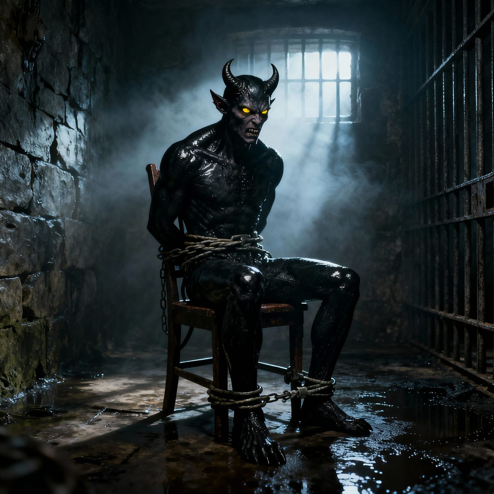Furious Demon Tied to Chair in Dark Prison Cell