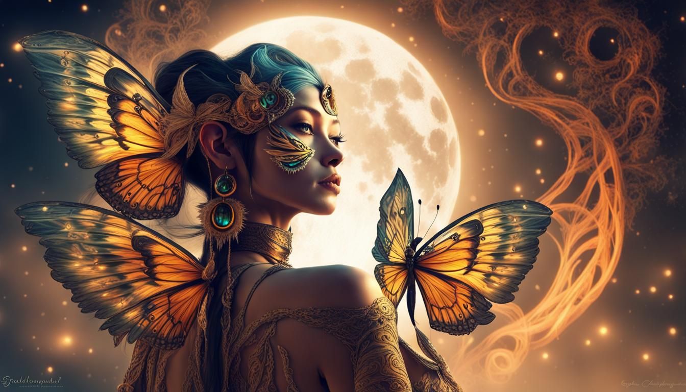 Butterfly-Winged Shaman-Angel Flying Under Moonlight