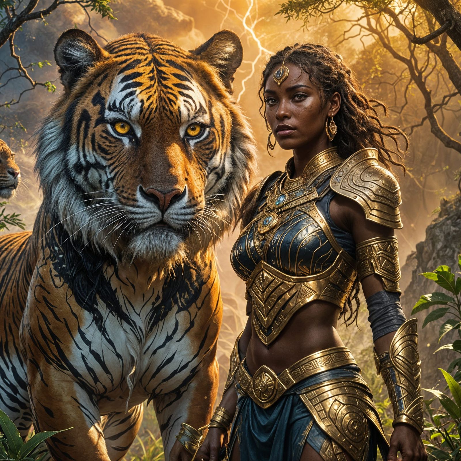 Woman and Tiger in Bioluminescent Landscape