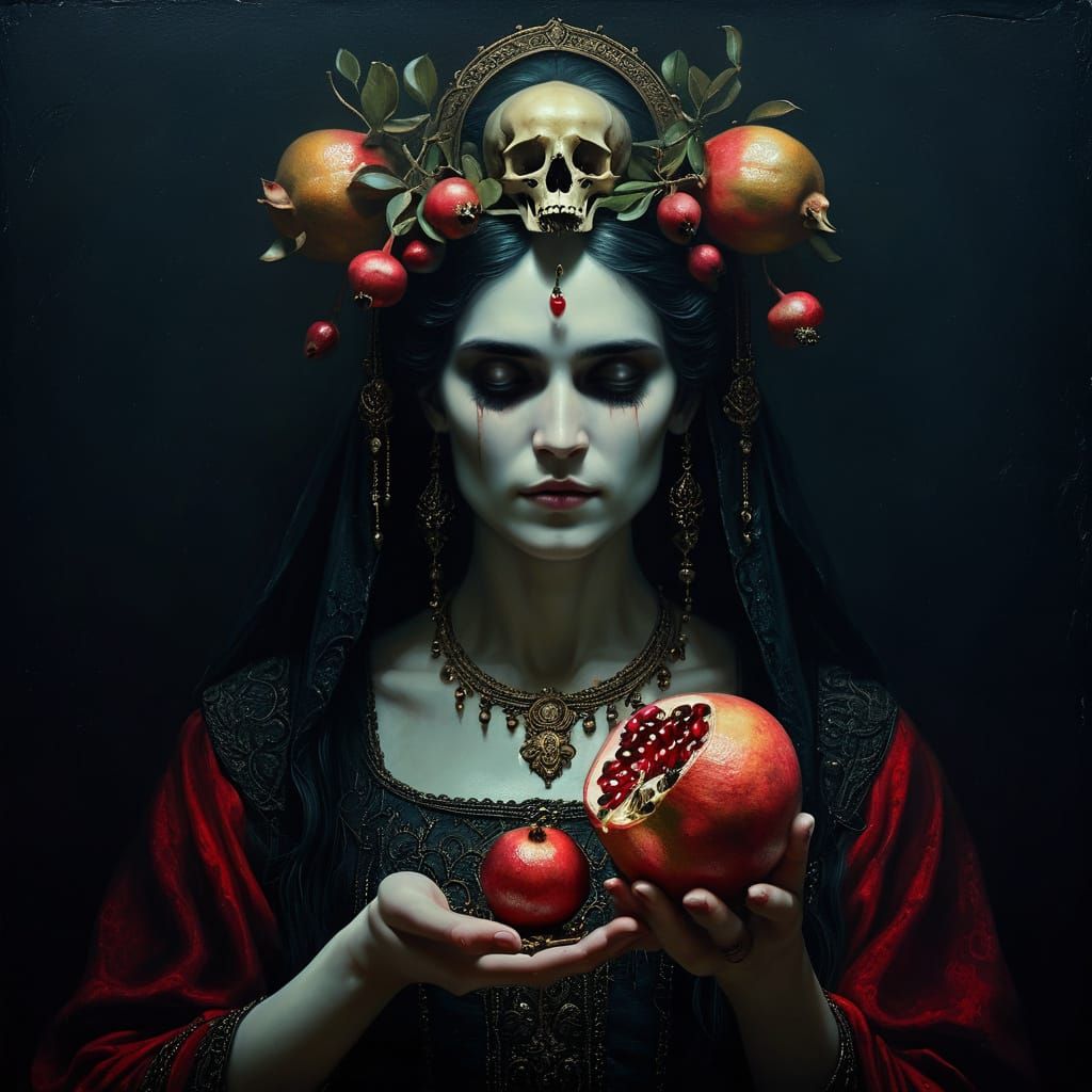 Persephone with Skull and Pomegranate in Oil Painting Style