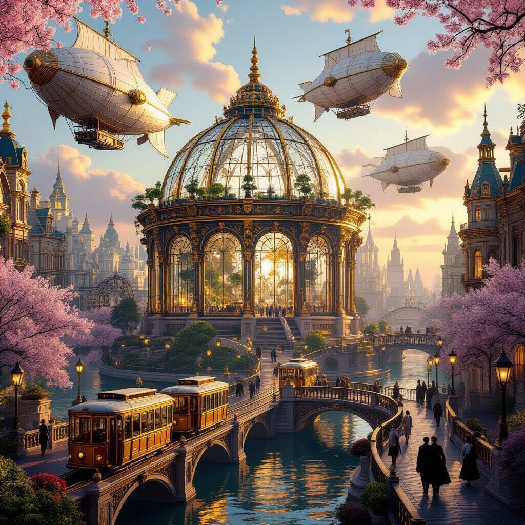 Steampunk Fantasy Cityscape at Golden Hour with Airships