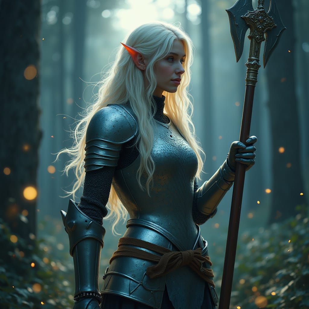 Elven Knight Guards Moonlit Forest Clearing