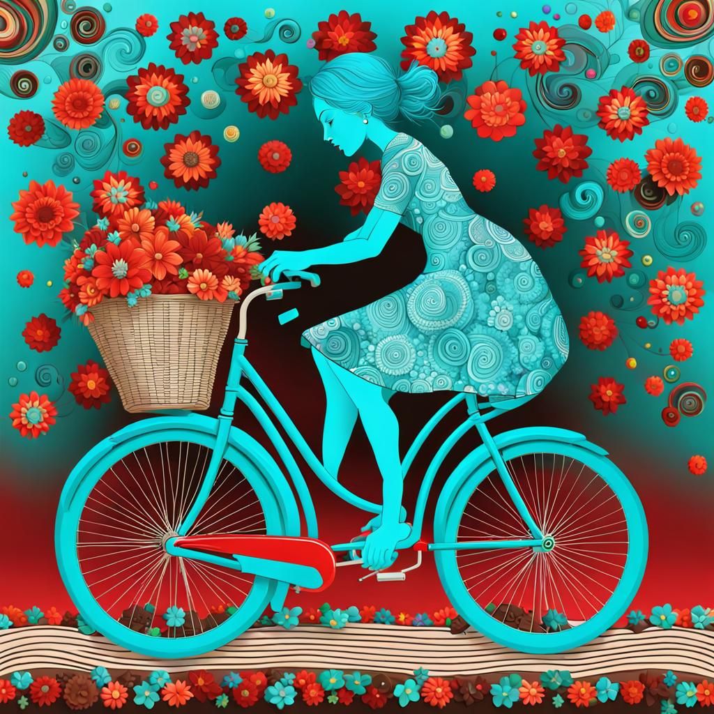Woman on Bicycle with Flowers in Vector Style