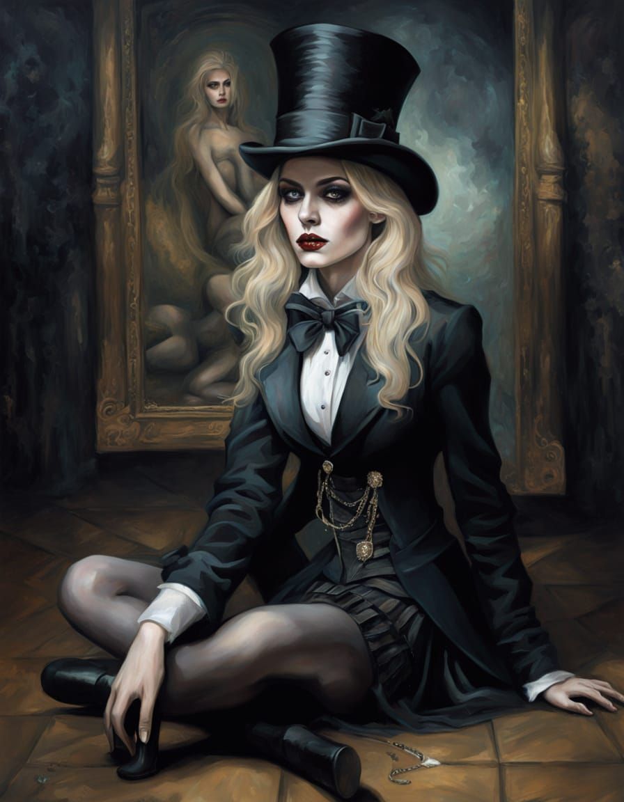 Dark Fantasy Oil Painting of Woman in Top Hat
