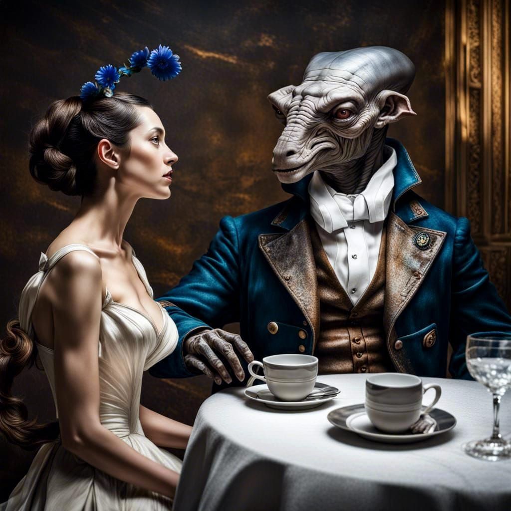Surreal Alien Restaurant Celebration in Gritty Lighting