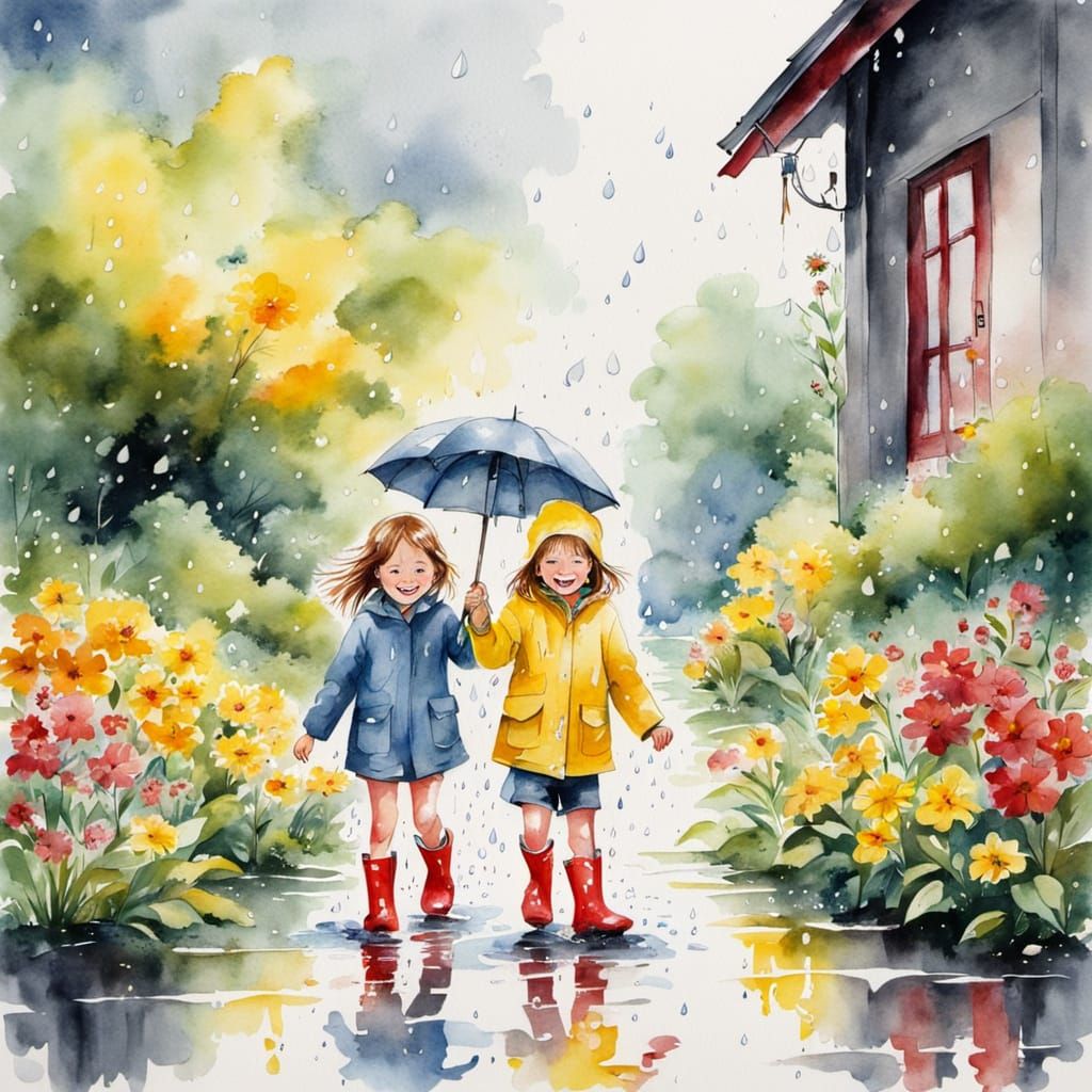 Children's Joyful Play in Summer Rain: Watercolor Art