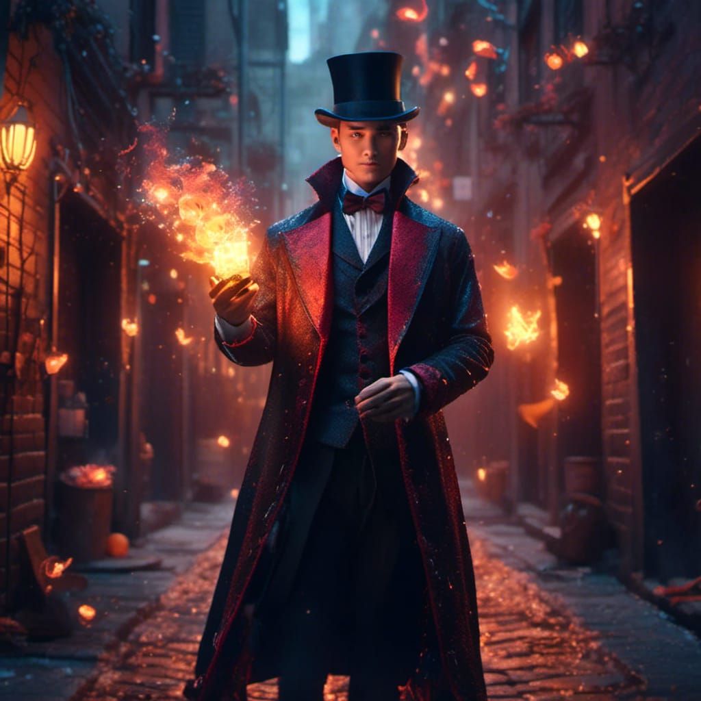 Magician with Flaming Cards in Dark Alleyway