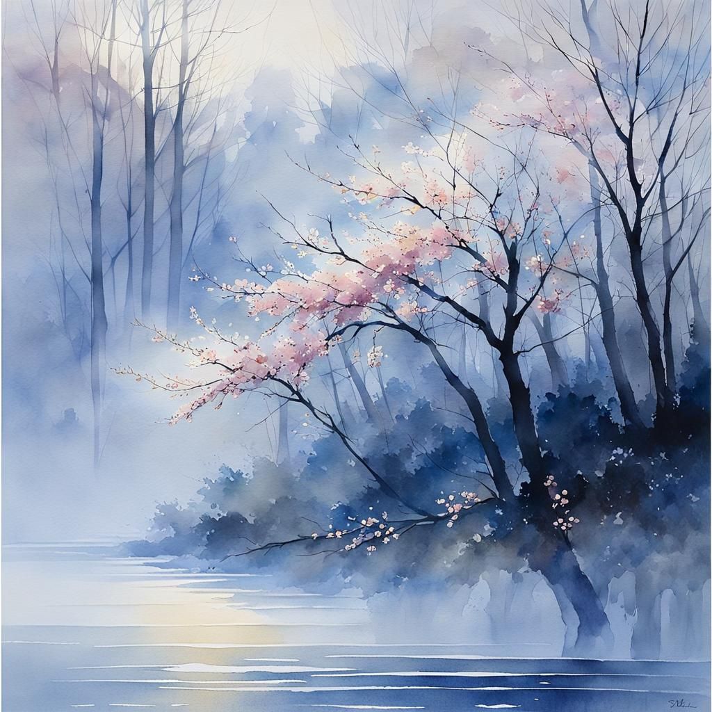 Cherry Blossoms in Misty Forest: Watercolor Art
