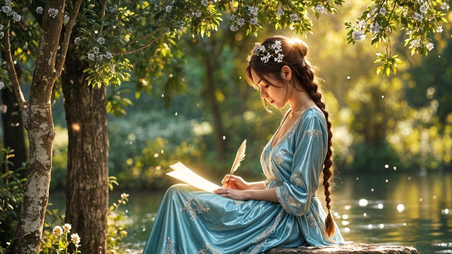 Elegant Woman Writes in a Garden Under a Weeping Willow in a...