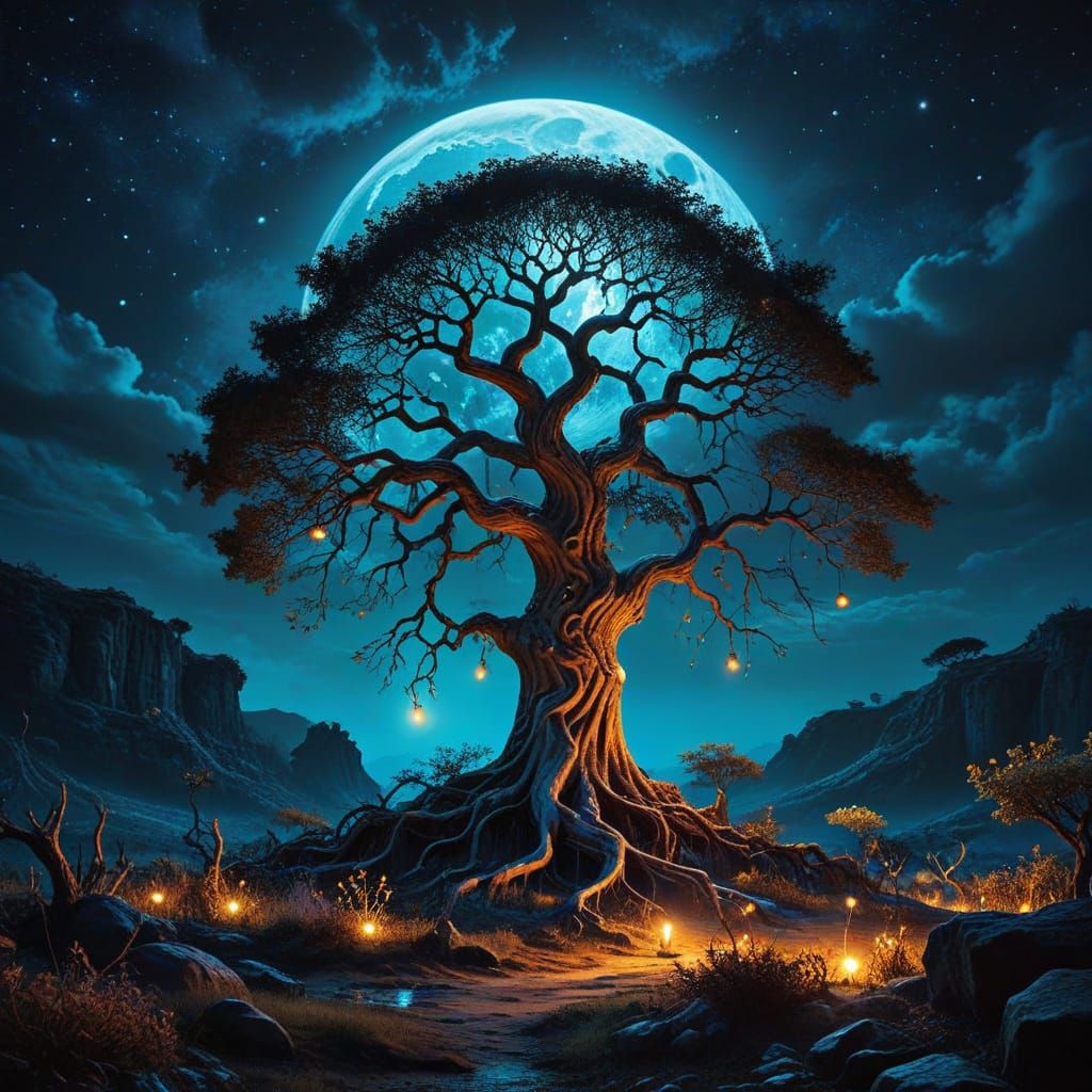 Majestic Tree of Life Under Full Moon in Vibrant, Dreamlike ...
